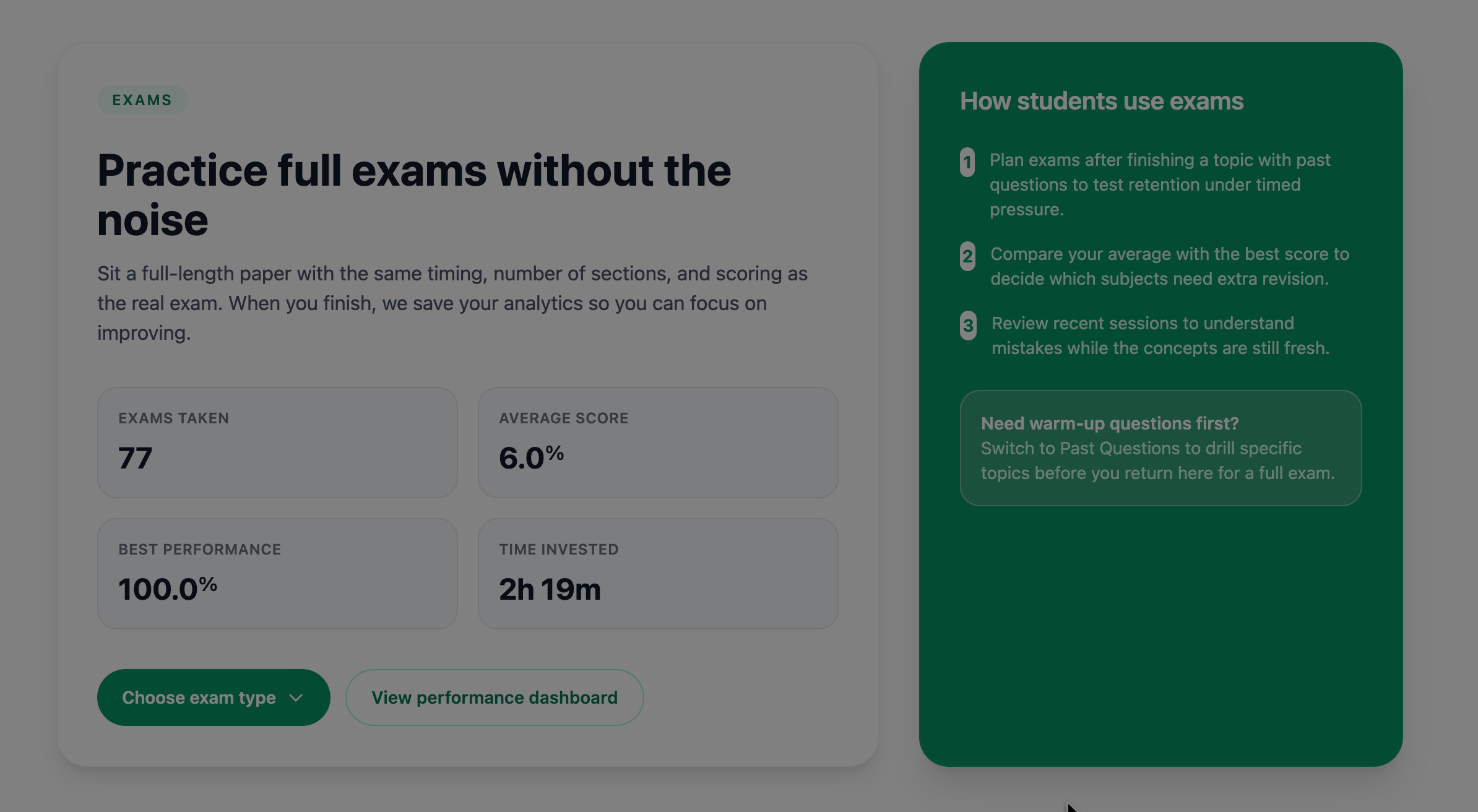 Ademy exams dashboard showing practice stats